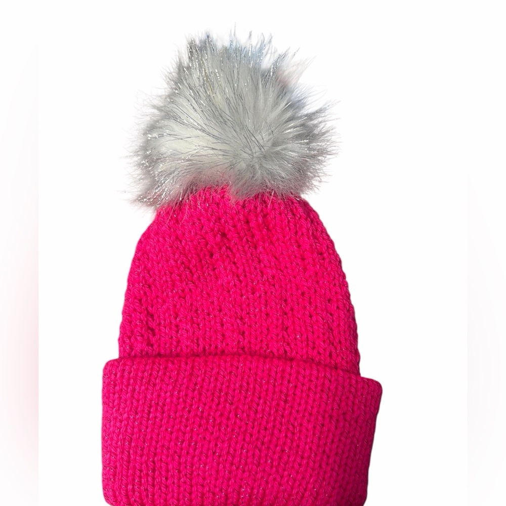 Pink sparkle knitted hat with white silver removable  with elite pom